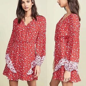 Parker Shona Silk Red Floral Ruffle V-neck Long Sleeve Wrap Mini A-line Dress L